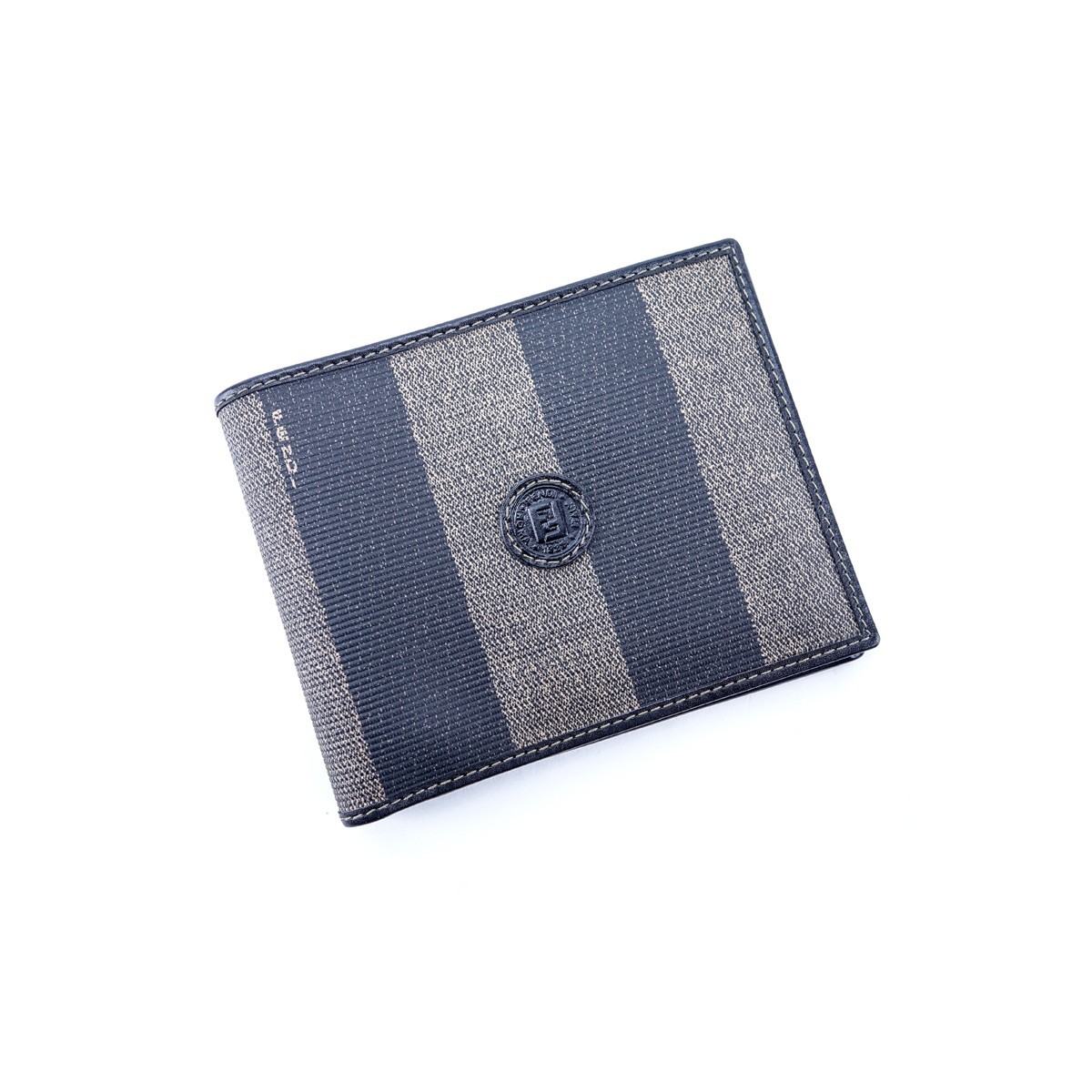 Fendi Black/Beige Striped Coated Canvas Bifold 3 Slot Wallet. Gold tone hardware.