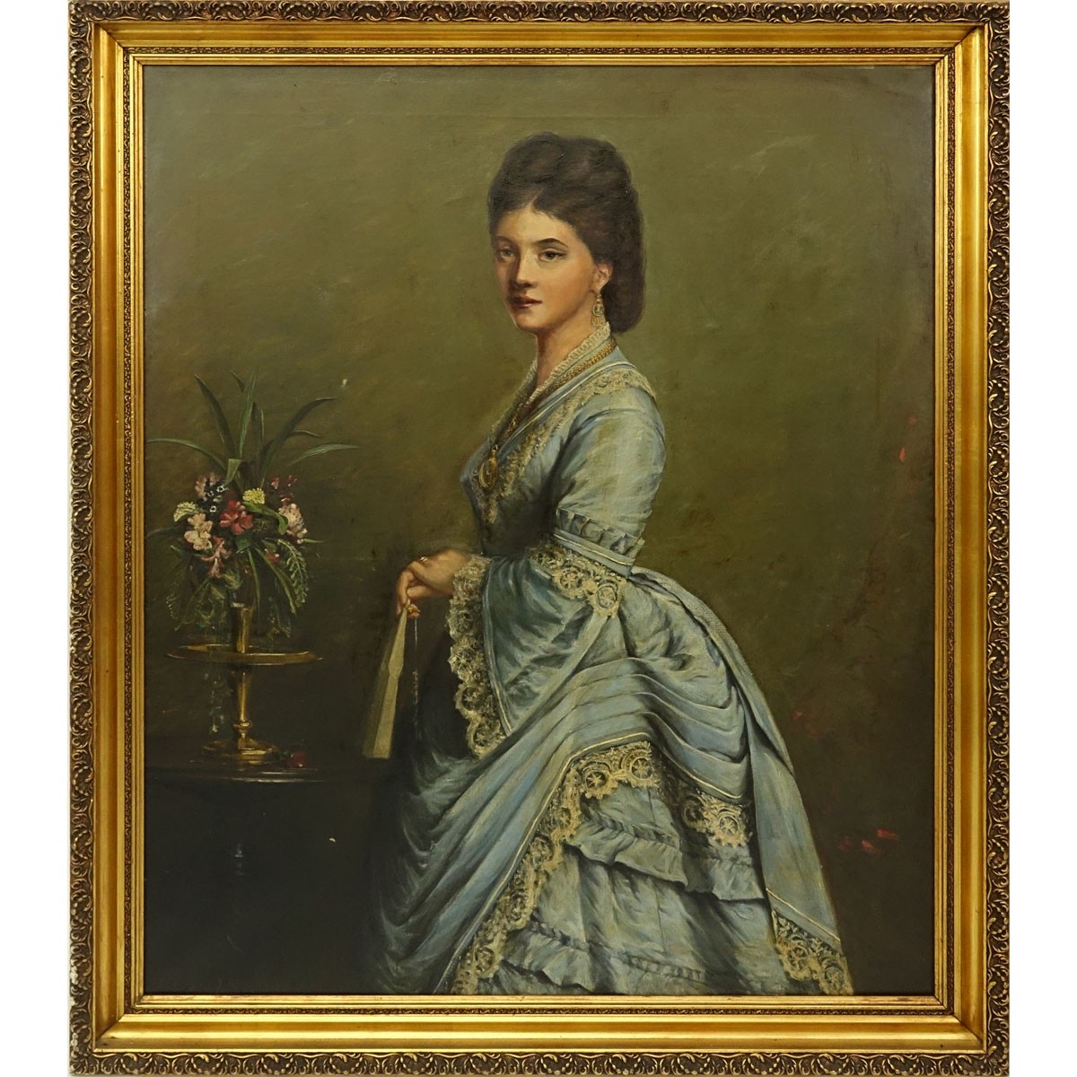Large Antique Oil on Canvas, Portrait of a Young Woman, In the Manner of Sir Joshua Reynolds. Two very fine separations to canvas otherwise good condition.