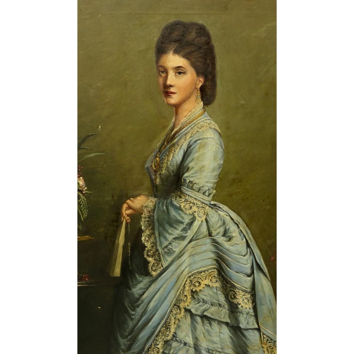 Large Antique Oil on Canvas, Portrait of a Young Woman, In the Manner of Sir Joshua Reynolds. Two very fine separations to canvas otherwise good condition.