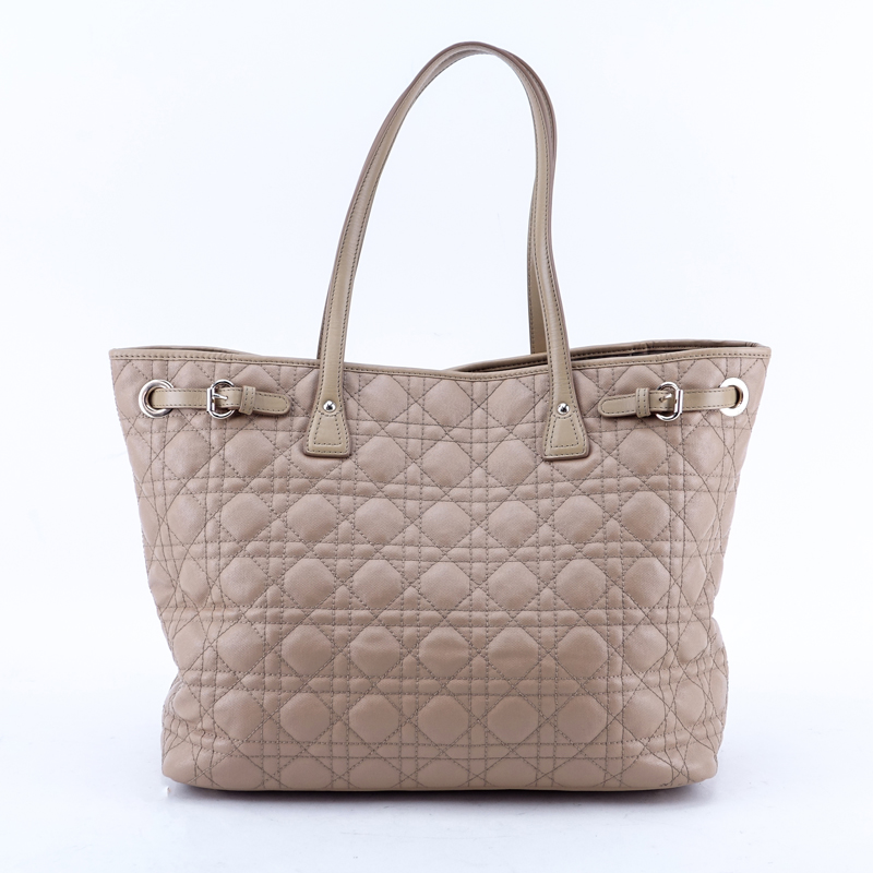 Dior Beige Cannage Coated Canvas Panarea Tote GM. Gold tone hardware, tan canvas interior with zippered and patch pockets, beige leather handles.
