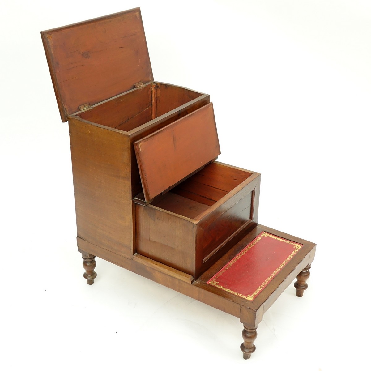 Victorian Mahogany and Tooled Leather Library Steps. Interior compartments.