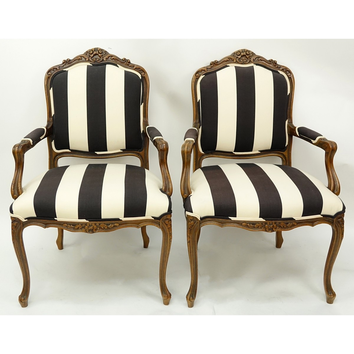 Pair of 20th Century Carved Wood and Upholstered Fauteuils. Light scratches to wood.