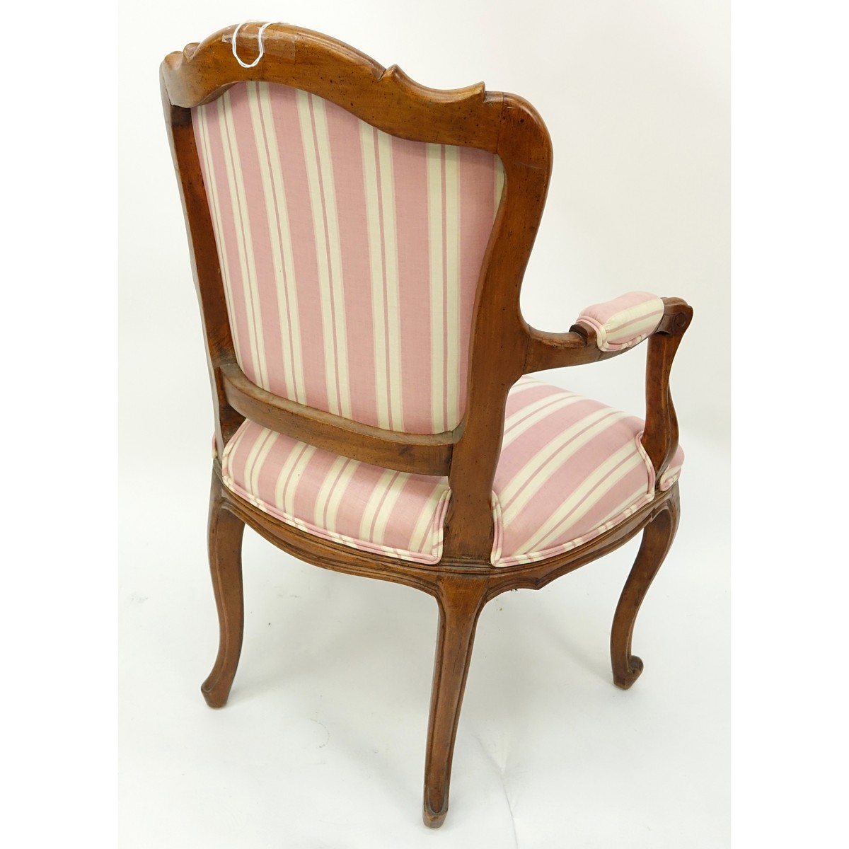 Vintage Italian Carved Wood and Upholstered Armchair Chair. Light scuffs and scratches to wood frame, backrest has some spotting to upholstery.