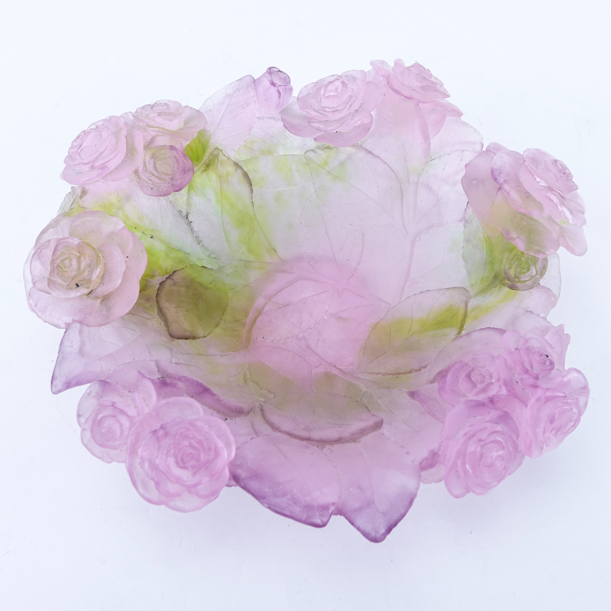 Daum France Pink & Green Pate De Verre Flower Bowl. Signed.