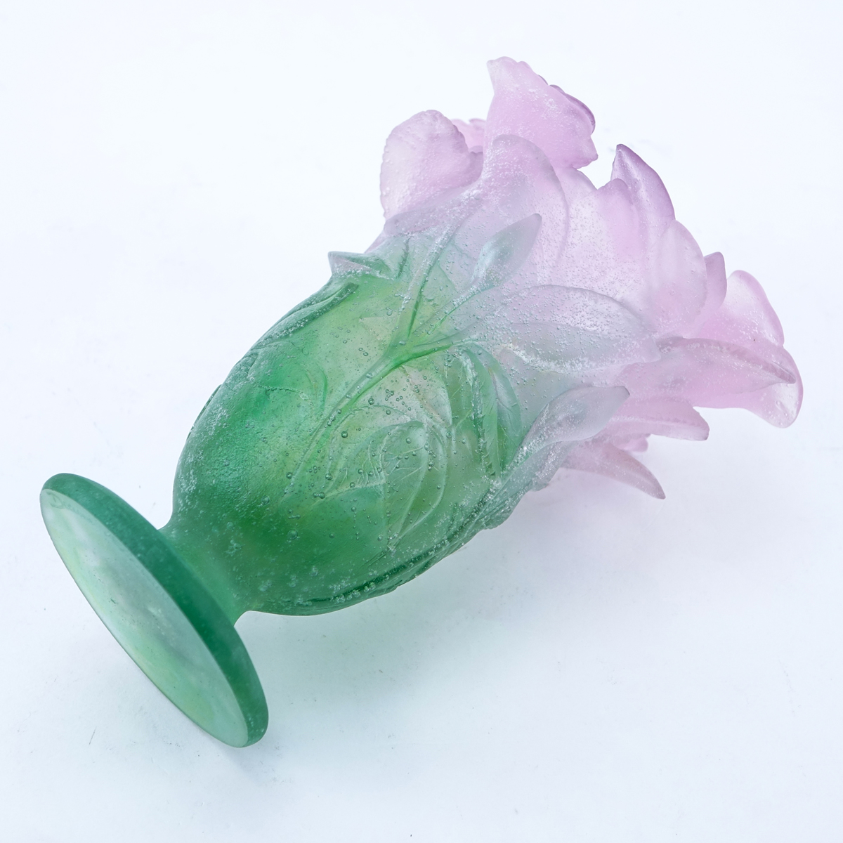 Daum France Pink & Green Pate De Verre Flower Vase. Signed.