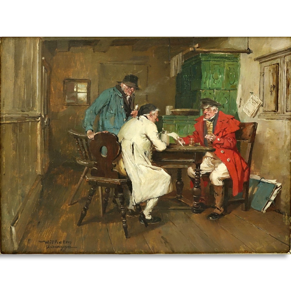 Wilhelm Roegge I, German  (1829 - 1908) Oil on Board, Interior Scene with Figures, Signed Lower Left. Tag with artist name and date attached to frame.