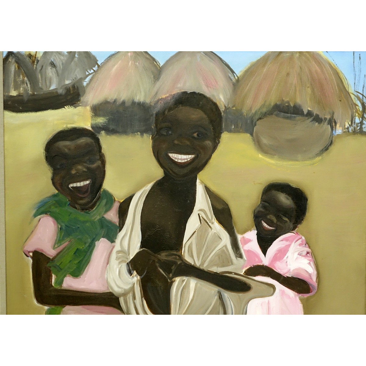 Hayes (20th C) Oil on Canvas, Tribal Children in Village, Signed and Dated 1995 Lower Right. Art Basel 2007 inscription en verso.
