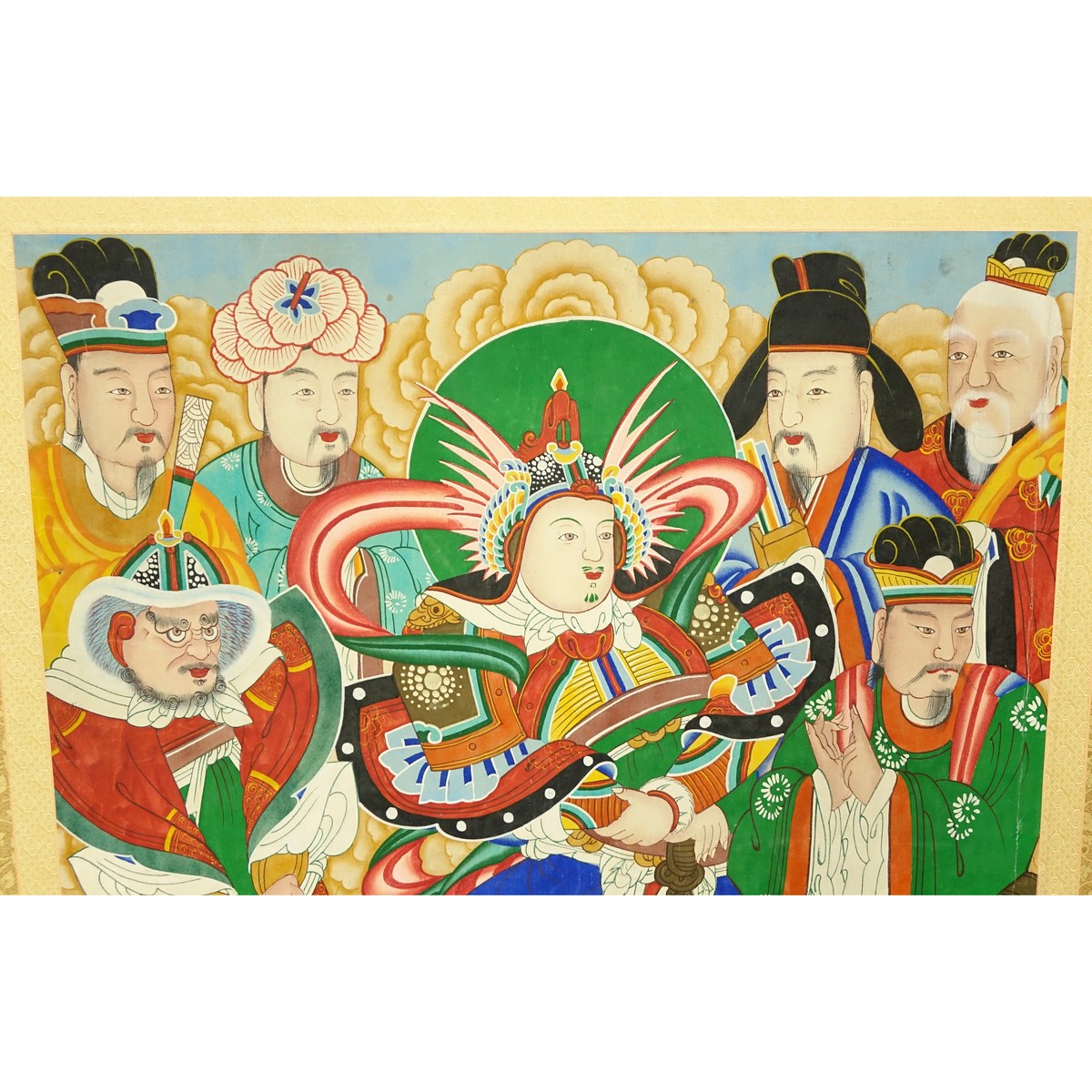 A Chinese Silk Scroll Painting, Several Standing Warrior and Scholar Figures. Good condition.