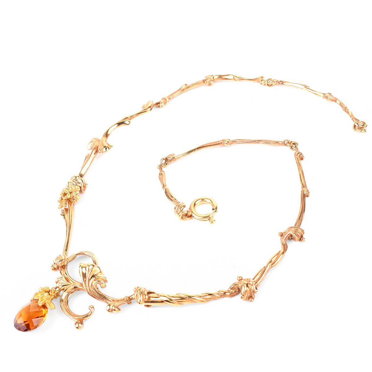 Antique Italian 14 Karat Yellow Gold and Briolette Cut Citrine Pendant Necklace. Stamped Italy 14K, maker's mark "B".