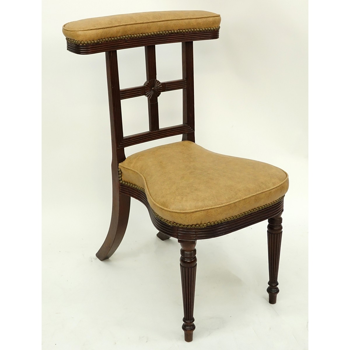 Victorian Style Carved Wood and Upholstered Prayer Chair. Scuffs and scratches to legs.