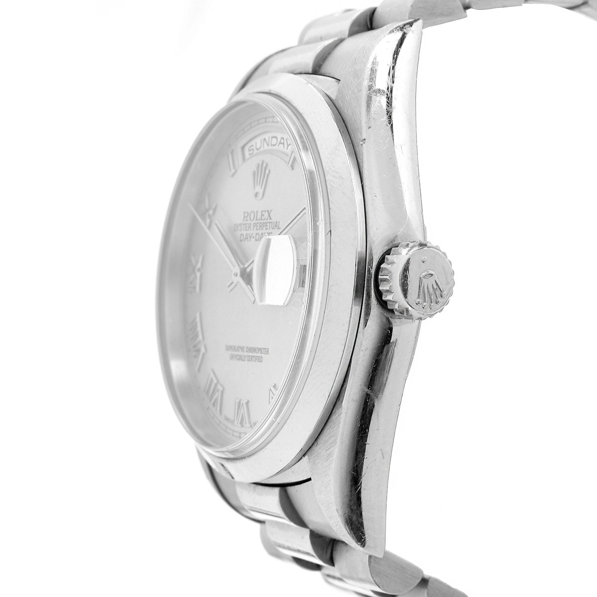 Man's Rolex Platinum President Day-Date Bracelet Watch 8385/6 Ref. 18206 with Box and Extra Bracelet Links.
