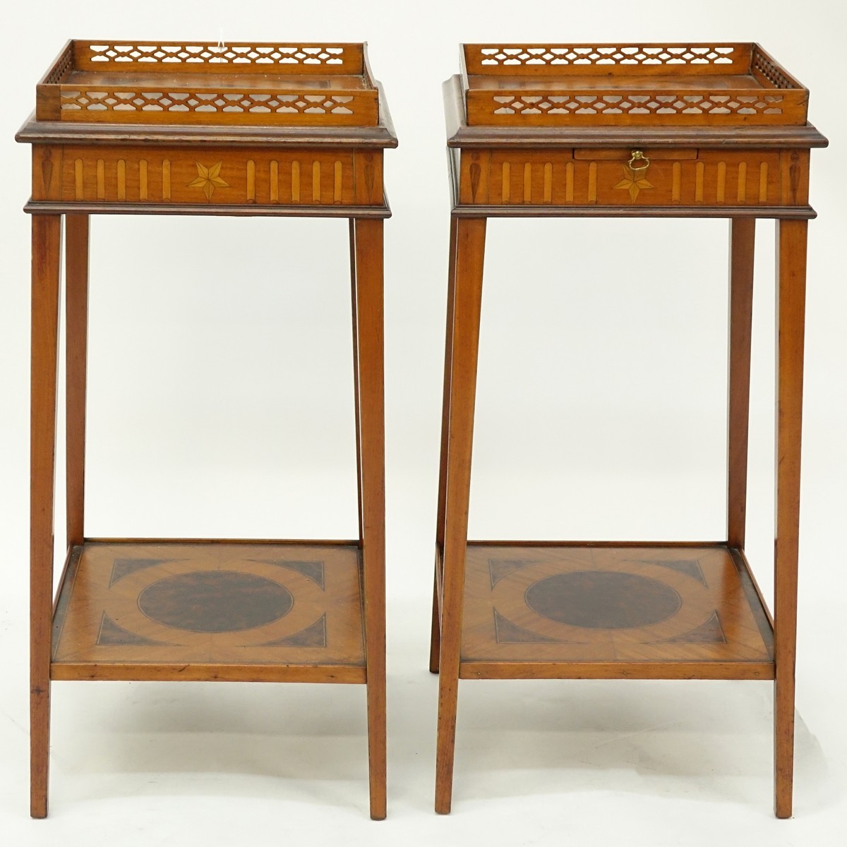 Pair of Edwardian Burled Inlaid Two Tiered Pedestal Tables with Gallery to Top. Sliding platform to top.