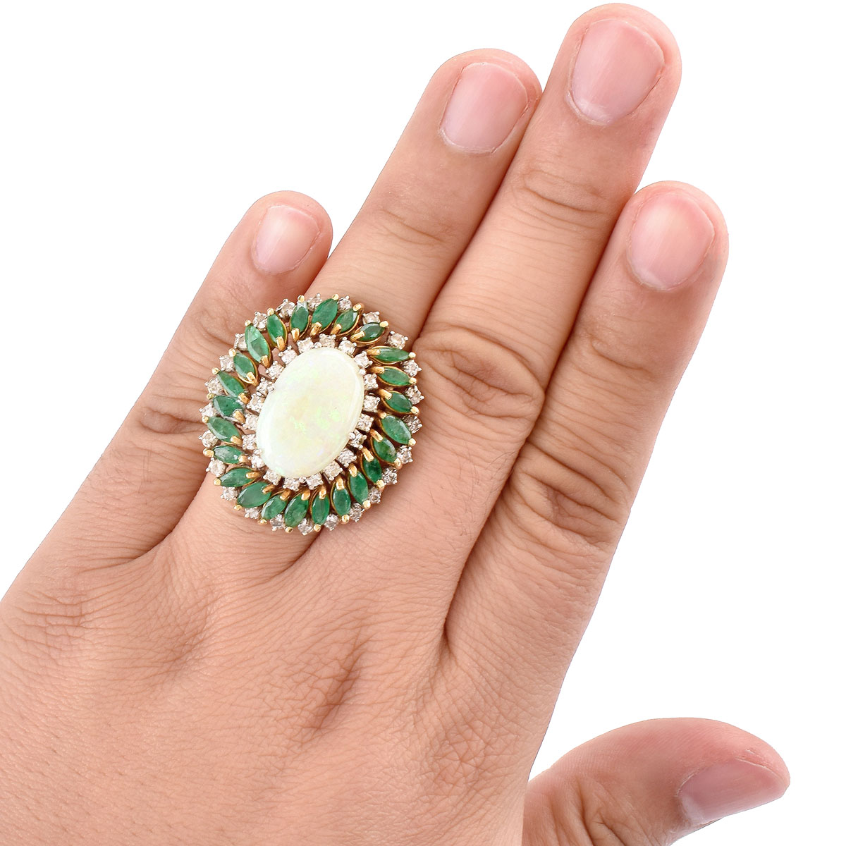 Vintage Oval Cabochon Opal, Marquise Cut Emerald, Round Brilliant Cut Diamond and 14 Karat White and Yellow Gold Ring / Pendant. Opal measures 18mm x 12mm, good play of multi color.