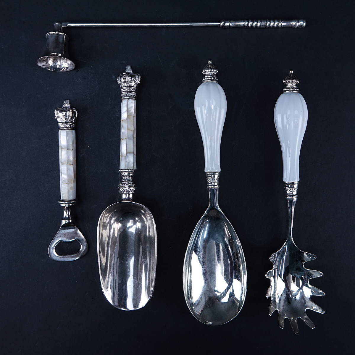 Collection of Five (5) Vintage Serving Pieces. Includes: Mother Of pearl Handled scoop and bottle opener, porcelain handled casserole spoon and past server, candle snuffer.