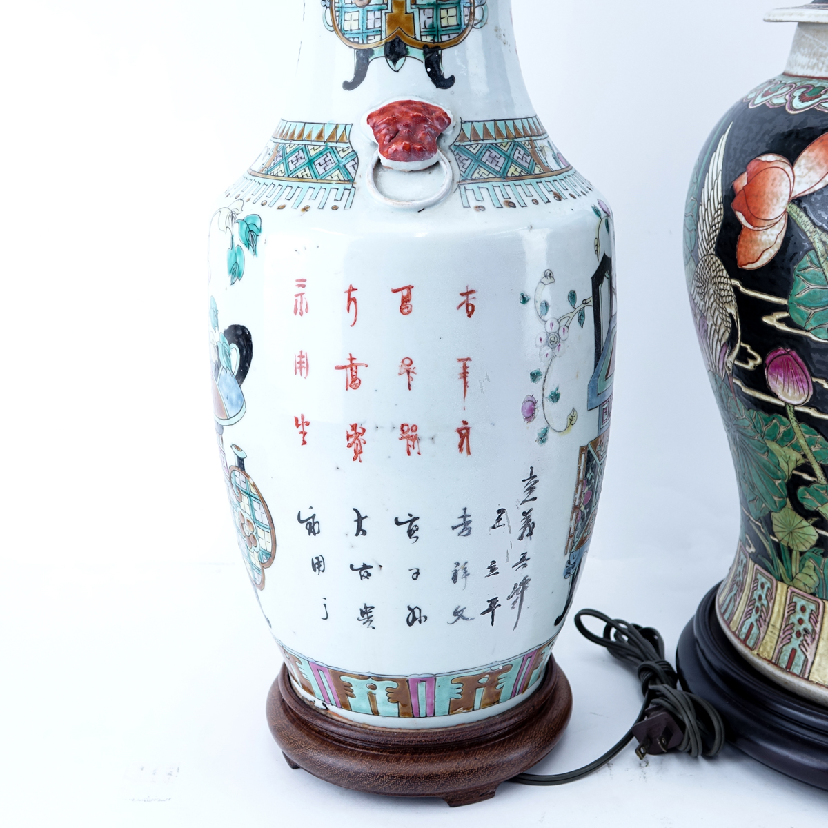 Grouping of Two (2): Chinese Famille Rose Vases Mounted as Lamps, Chinese Famille Noir Ginger Jar Mounted as Lamp. Both are in good condition.