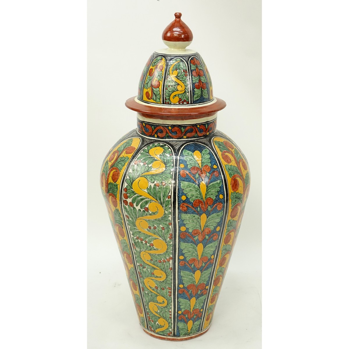 Large Italian Majolica Pottery Covered Urn. Unsigned.