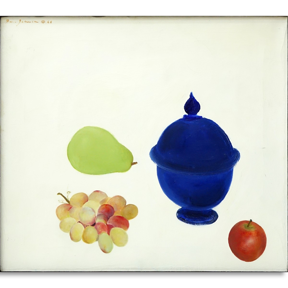 Ben Johnson, American (1902 - 1967) Oil on canvas "Blue Sugar Bowl". Signed upper left, dated '68, Label from Gallery Dache' en verso.