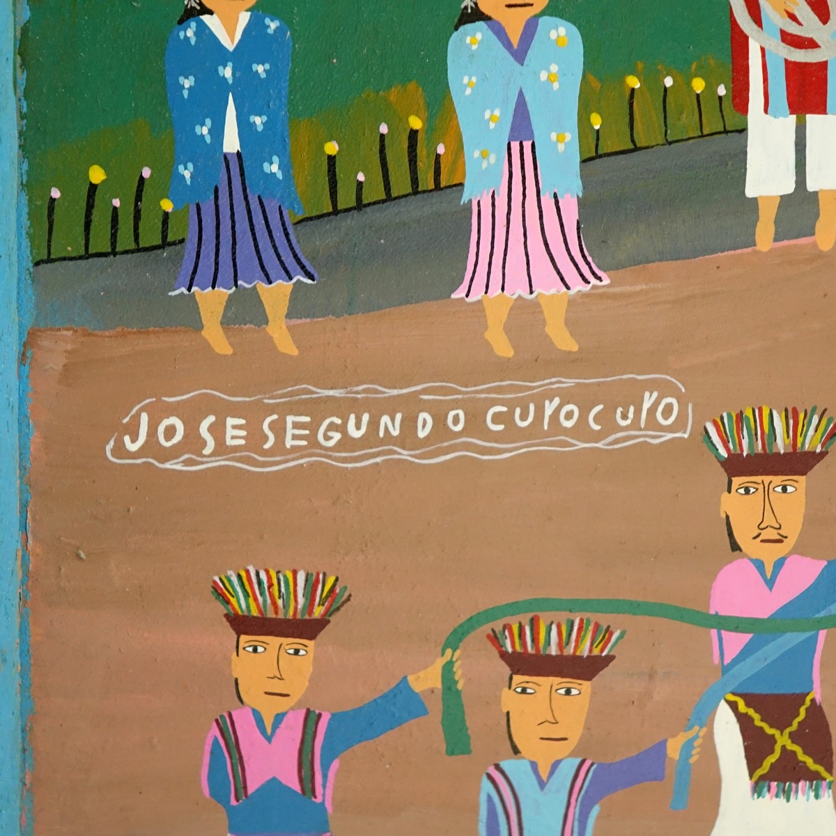 Jose Segundo, Ecuadorian (20th C) Acrylic on Skin, Village Scene, Signed Lower Left. Small tear top left corner or else good condition.