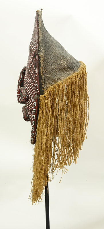 20th C. African Zambian Burlap Ceremonial Mask on Large Metal Stand.