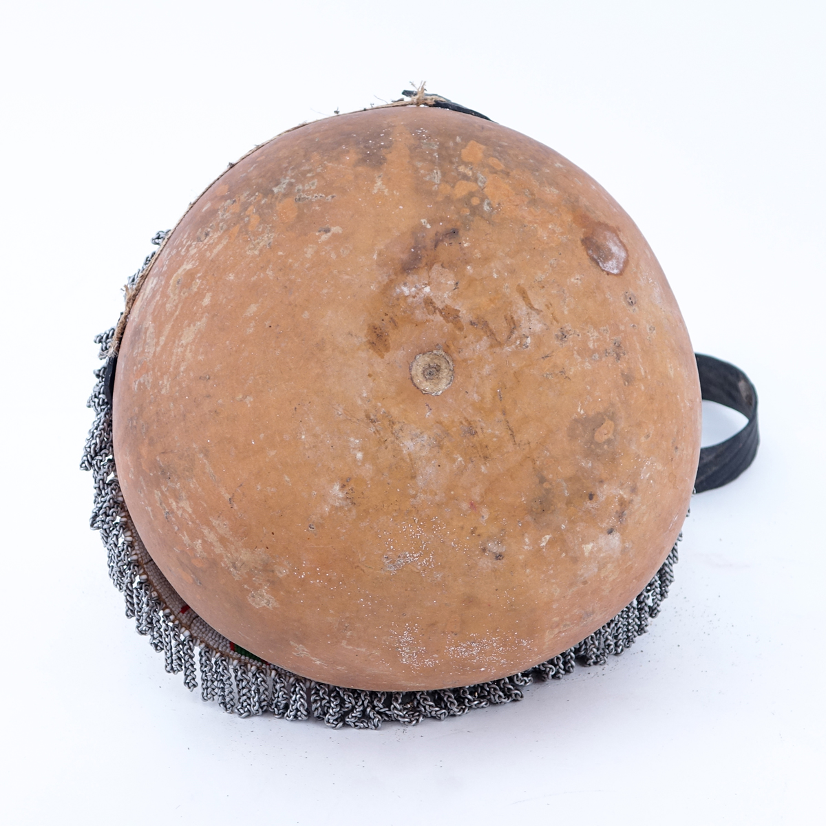 Antique African Beaded Gourd Calabash with Leather Handle, Possibly from the Zulu Tribe. Typical fraying overall good condition.