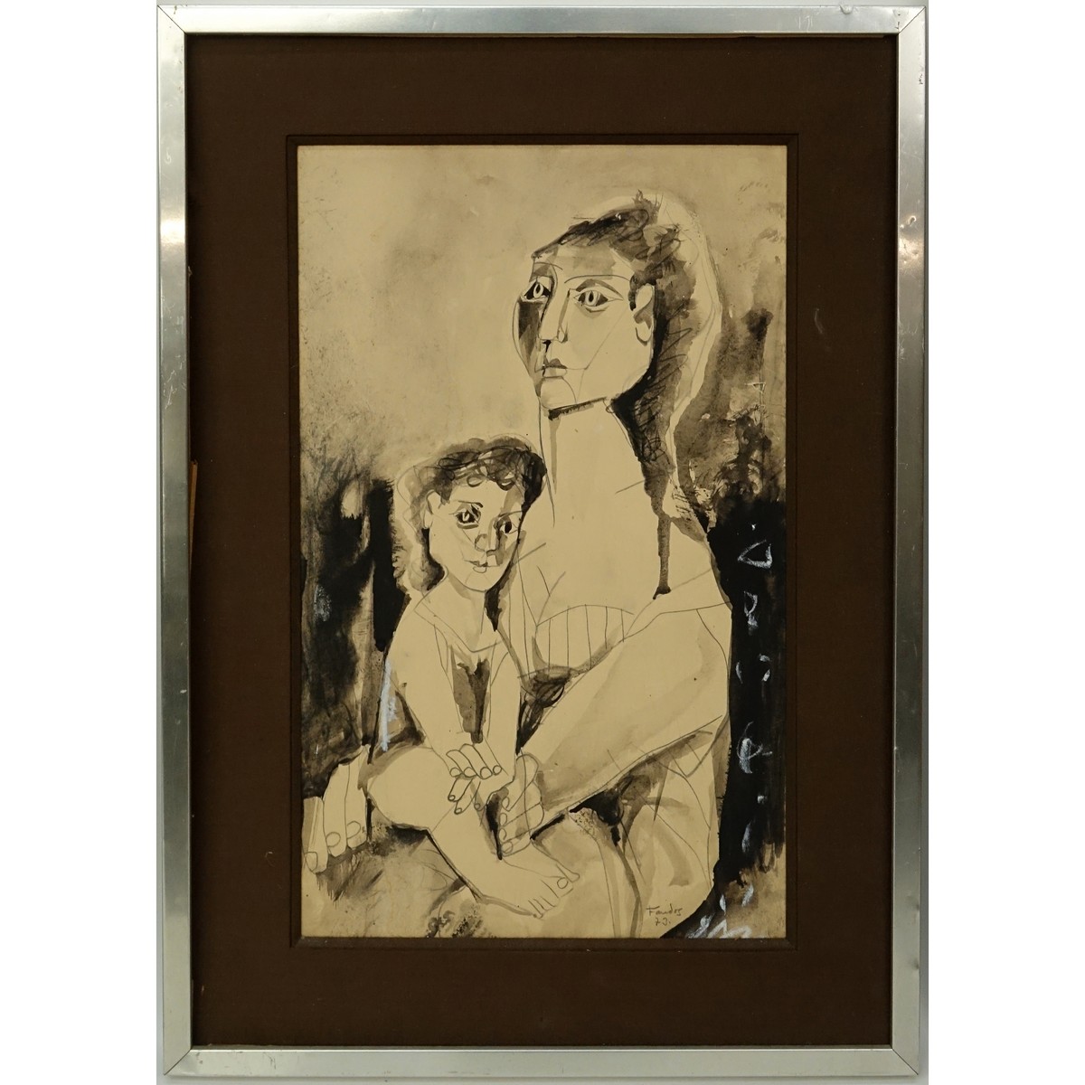 20th Century Gouache on Paper, Portrait of a Mother and Child, Signed Foudos? Lower Right. Some water spots to paper.