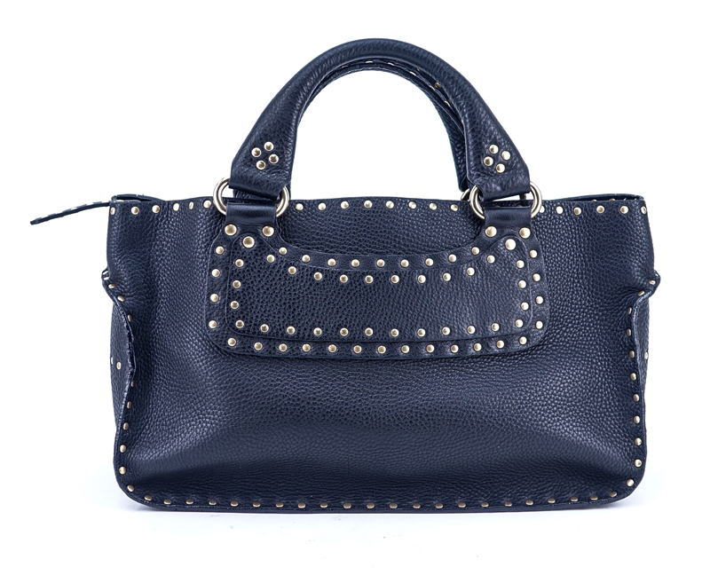 Celine Studded Black Grained Leather Boogie Handbag. Gold tone hardware, black suede interior with zippered and patch pockets.