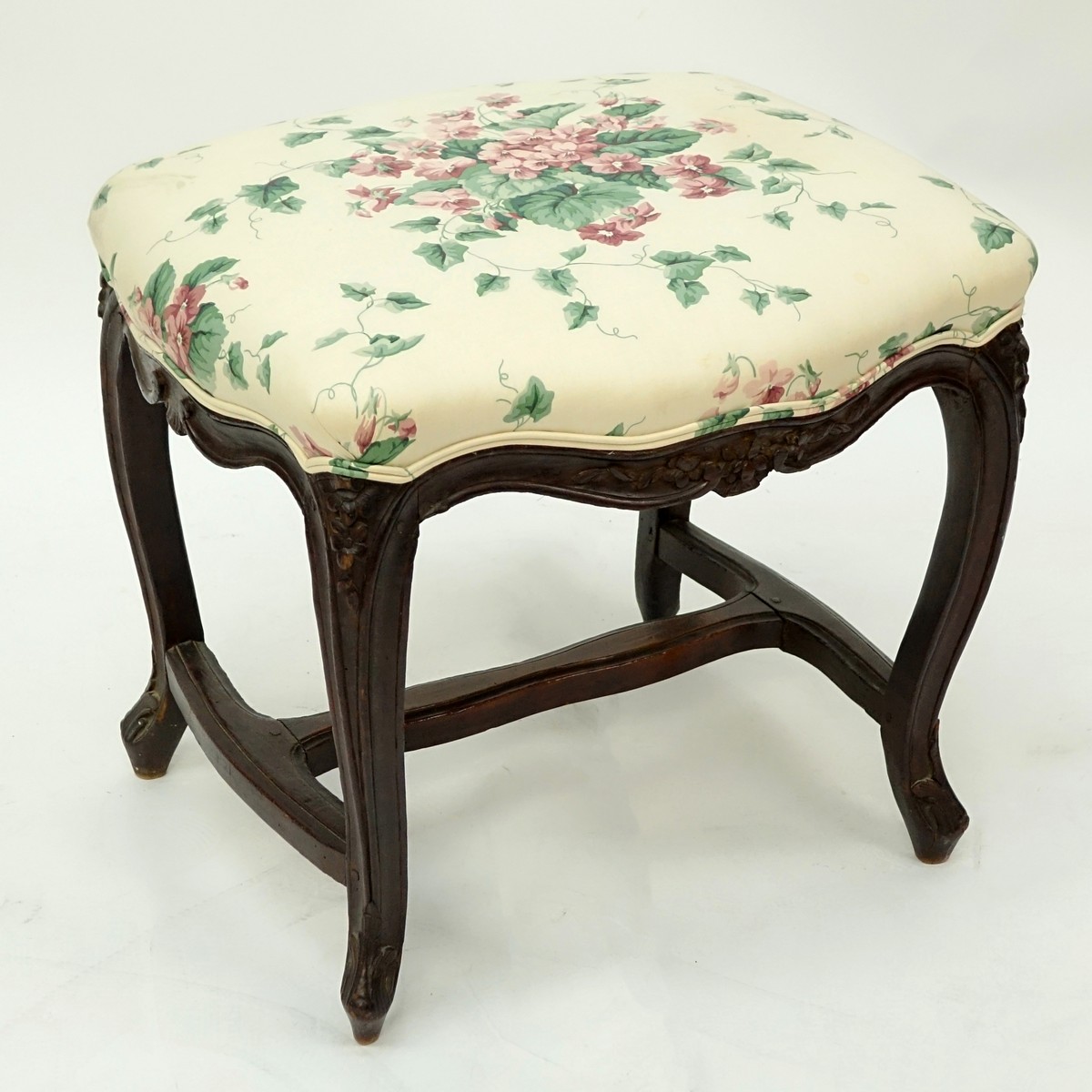 19th Century Louis XV French Carved Wood and Upholstered Tabouret Stool. Scratches to wood.