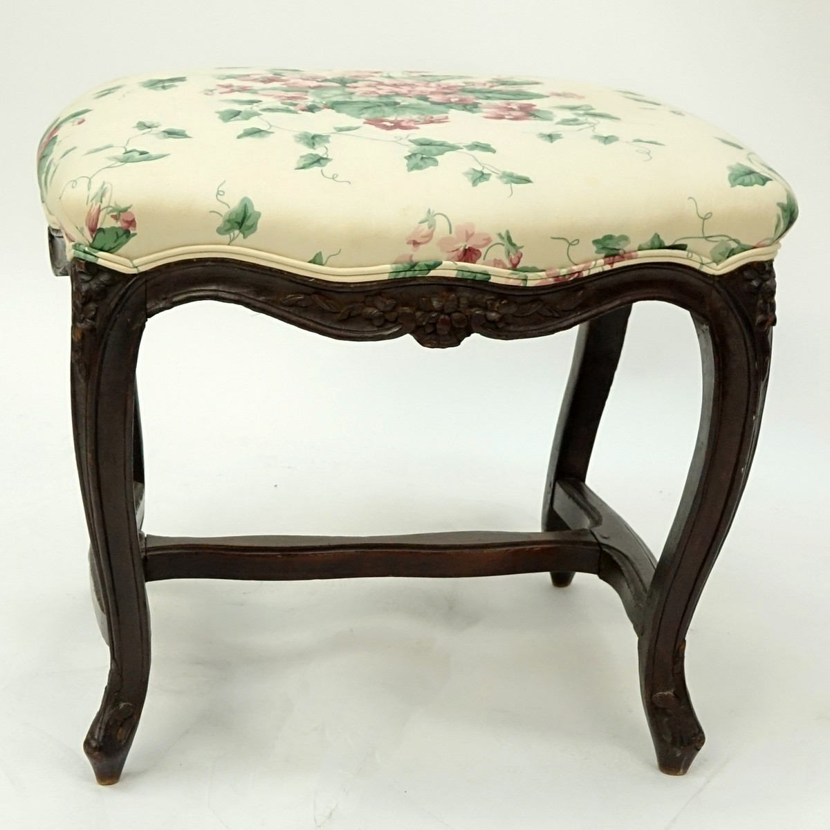 19th Century Louis XV French Carved Wood and Upholstered Tabouret Stool. Scratches to wood.