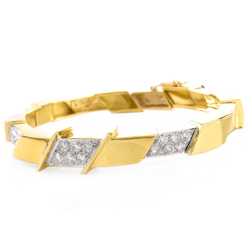 Vintage Approx. 2.75 Carat Pave Set Round Brilliant Cut Diamond and 18 Karat Yellow Gold Hinged Bangle Bracelet.