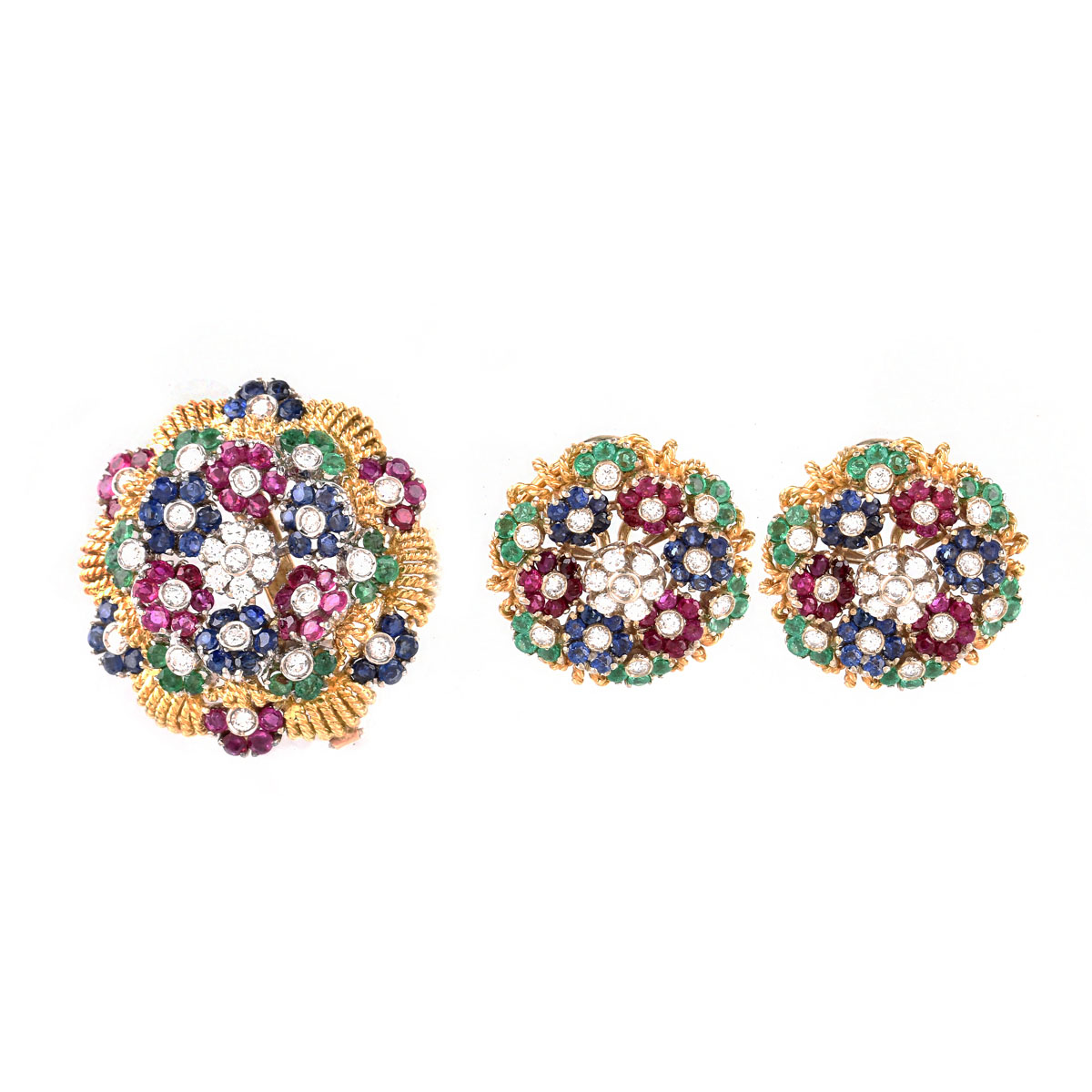 Vintage Italian Lunati Diamond, Emerald, Sapphire, Ruby and 18 Karat Yellow Gold Brooch and Earring Suite en tremblant. Fine quality stones throughout.