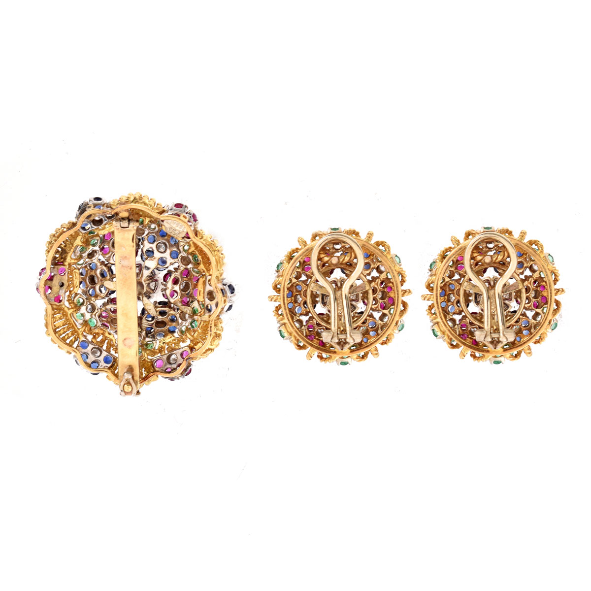 Vintage Italian Lunati Diamond, Emerald, Sapphire, Ruby and 18 Karat Yellow Gold Brooch and Earring Suite en tremblant. Fine quality stones throughout.