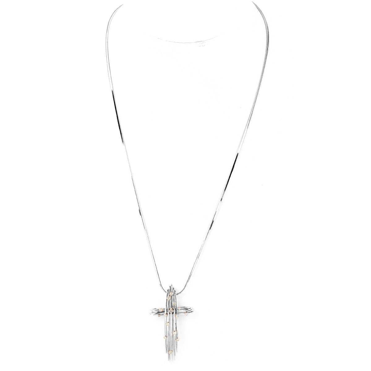 Vintage 14 Karat White Gold Cross Pendant with Diamond Accents with 18 Karat White Gold Chain. Each stamped as described.