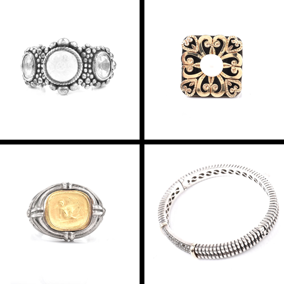 Collection of Vintage Jewelry Including: Sterling Silver and 14 Karat Yellow Gold Hinged Bangle Bracelet; Sterling Silver and 18 Karat Yellow Gold Coin Ring; Sterling Silver 14 Karat Yellow Gold and Pearl Ring and a Stephen Dweck Sterling Silver and Carve