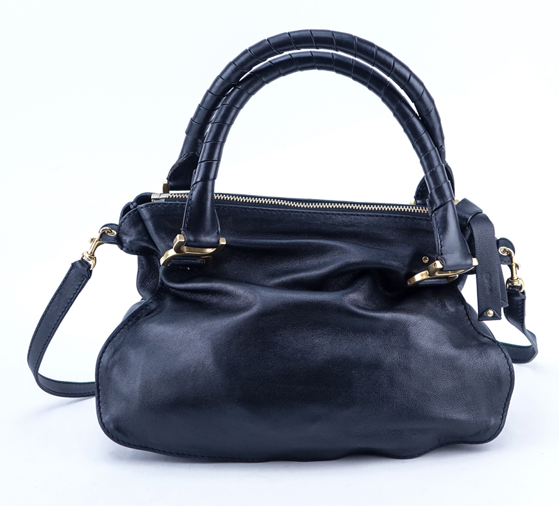 Chloe Black Smooth Studded Leather Marcie Shoulder Bag. Brushed gold tone hardware.