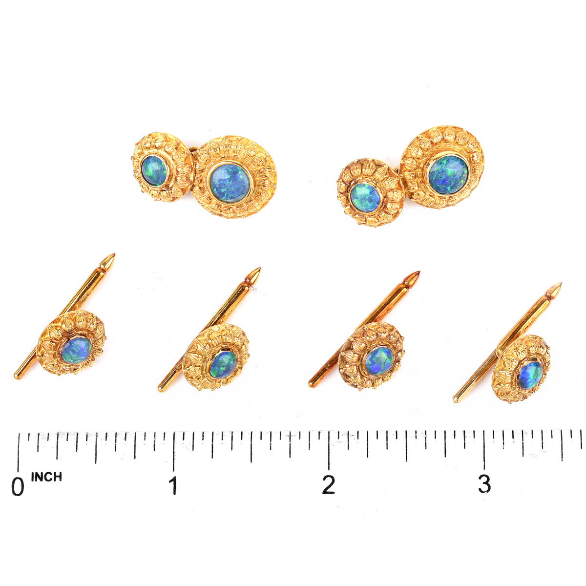 Man's Vintage Black Opal and 18 Karat Yellow Gold Six (6) Piece Dress Shirt Set Including Cufflinks and Four (4) Shirt Studs. Stamped 18K and Maker's Mark.