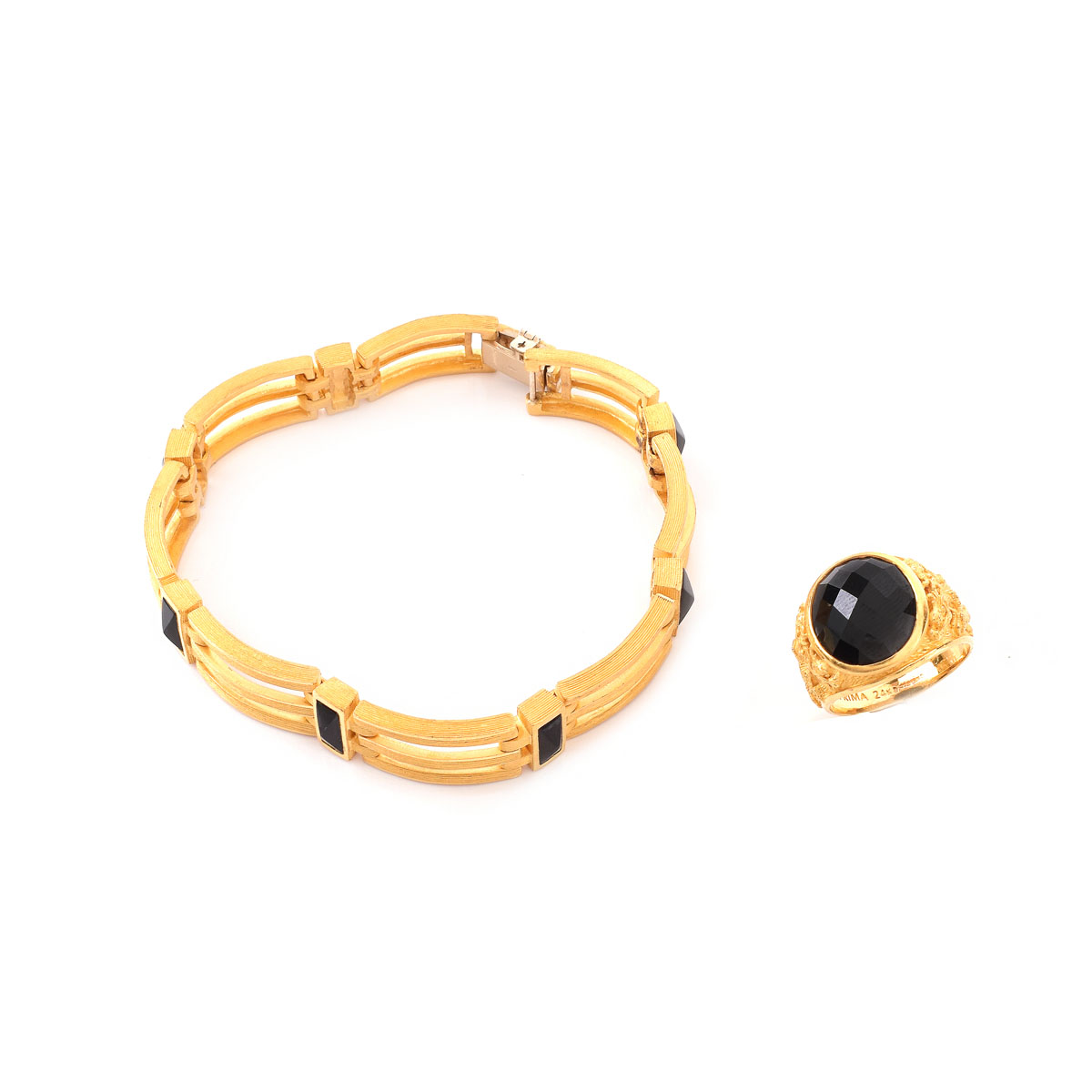 Man's Vintage Prima Criss Cross Cut Black Diamond and 24 Karat Yellow Gold Ring together with Prima 18 Karat Yellow Gold and Black Onyx Bracelet. Signed.
