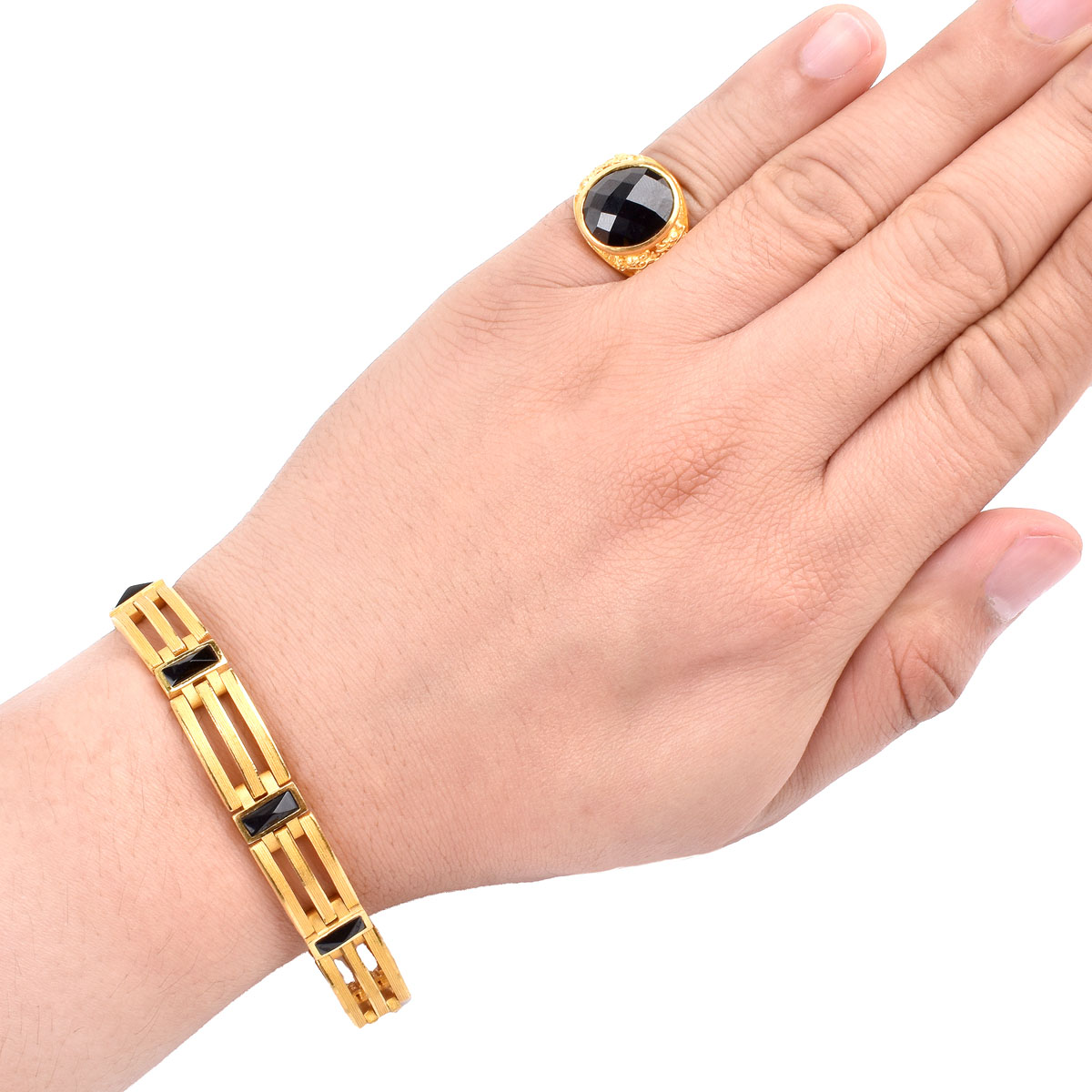 Man's Vintage Prima Criss Cross Cut Black Diamond and 24 Karat Yellow Gold Ring together with Prima 18 Karat Yellow Gold and Black Onyx Bracelet. Signed.