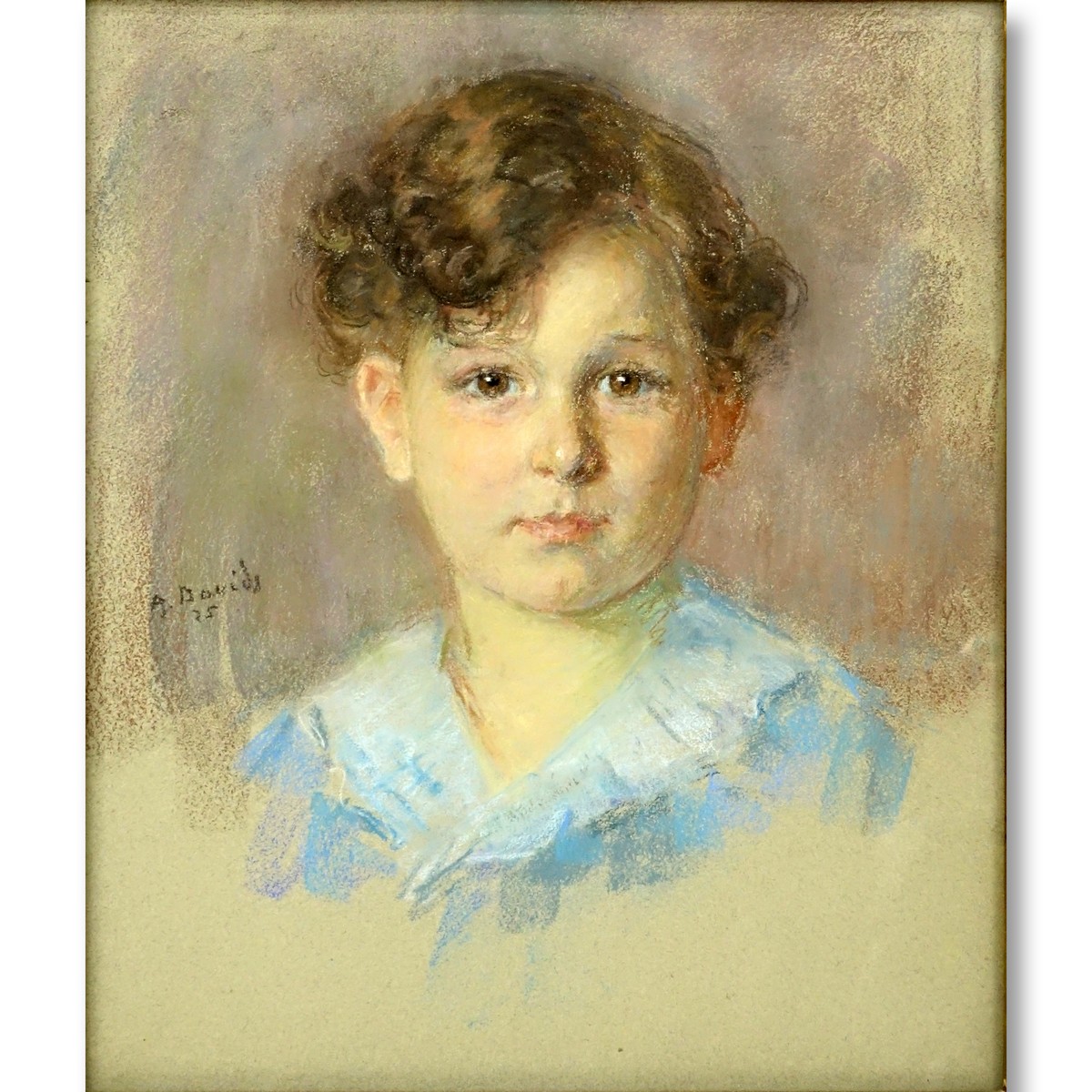 Antique Pastel On Paper "Portrait Of A Young Boy". Signed A.