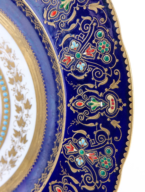 19th Century Sevres Jeweled Cobalt and Gilt Hand Painted Cabinet Plate of Francois 1. Signed and title to base.