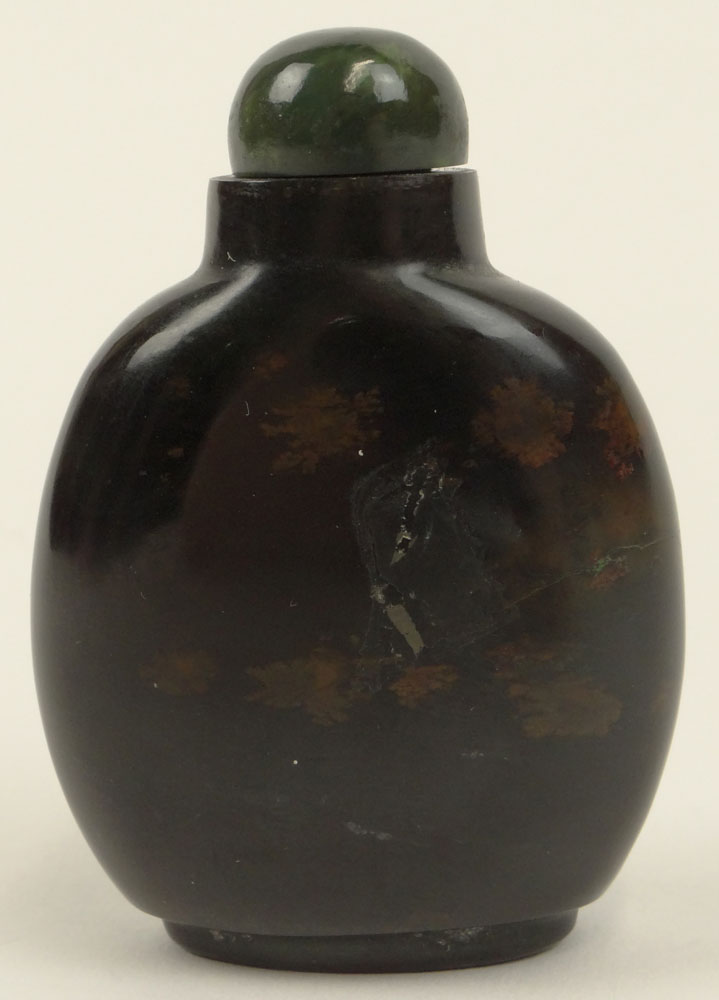 Early 20th C Chinese Carved Agate Snuff Bottle. Spinach Jade Stopper.