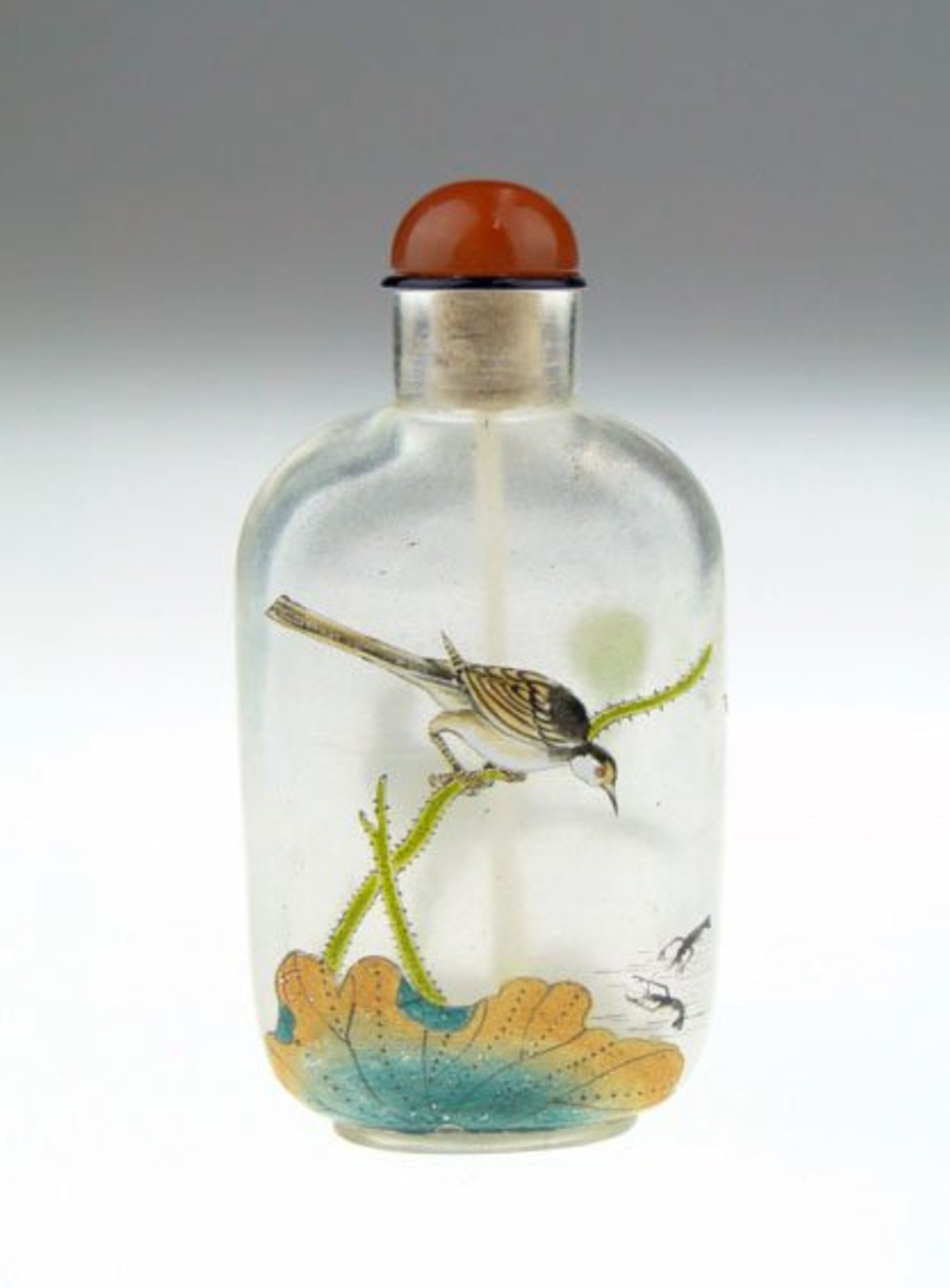 19/20th Century Chinese Peking Glass Snuff Bottle With Fine Enamel Painting of Birds on Both Front and Back. Signed in Raised Foot with Chinese Character Marks.