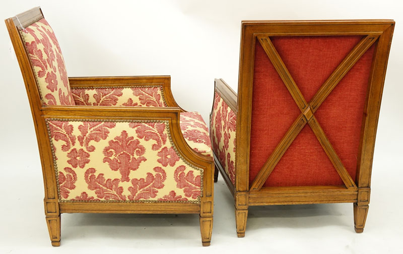 Pair of Carved Wood and Upholstered Directoire Bergeres. Minor rubbing and scuff to wood, upholstery in good condition.