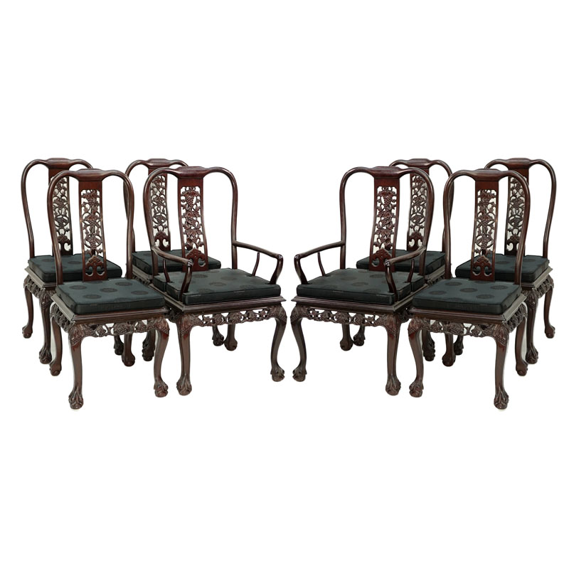 Set of Eight (8) Modern Chinese Carved Hardwood Chairs with Openwork Grape and Foliage Motif. Includes: 6 side chairs and 2 armchairs.