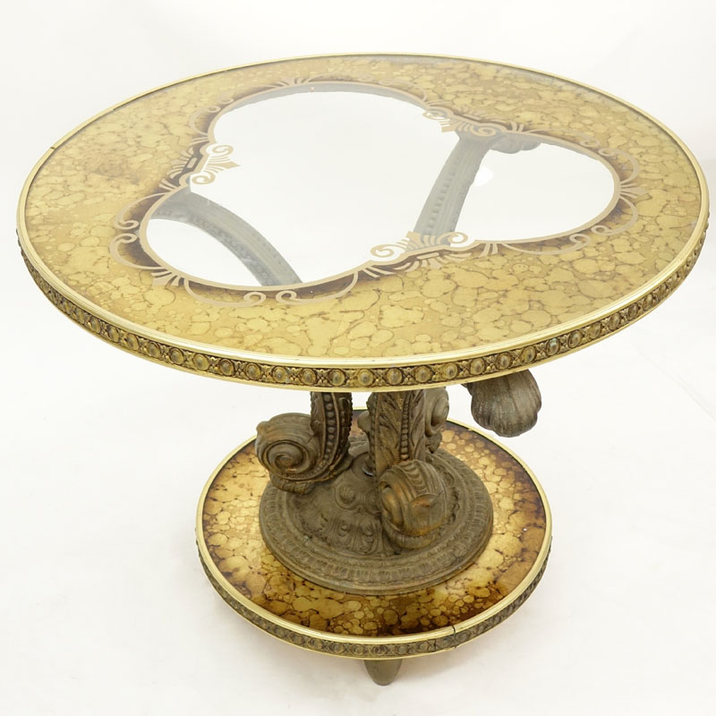Mid 20th Century Hollywood Regency Gilt White Metal, Gold Leaf and Glass Pedestal Occasional Table. Unsigned.