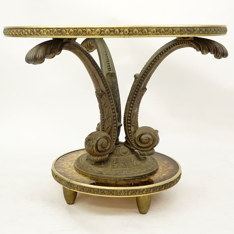 Mid 20th Century Hollywood Regency Gilt White Metal, Gold Leaf and Glass Pedestal Occasional Table. Unsigned.