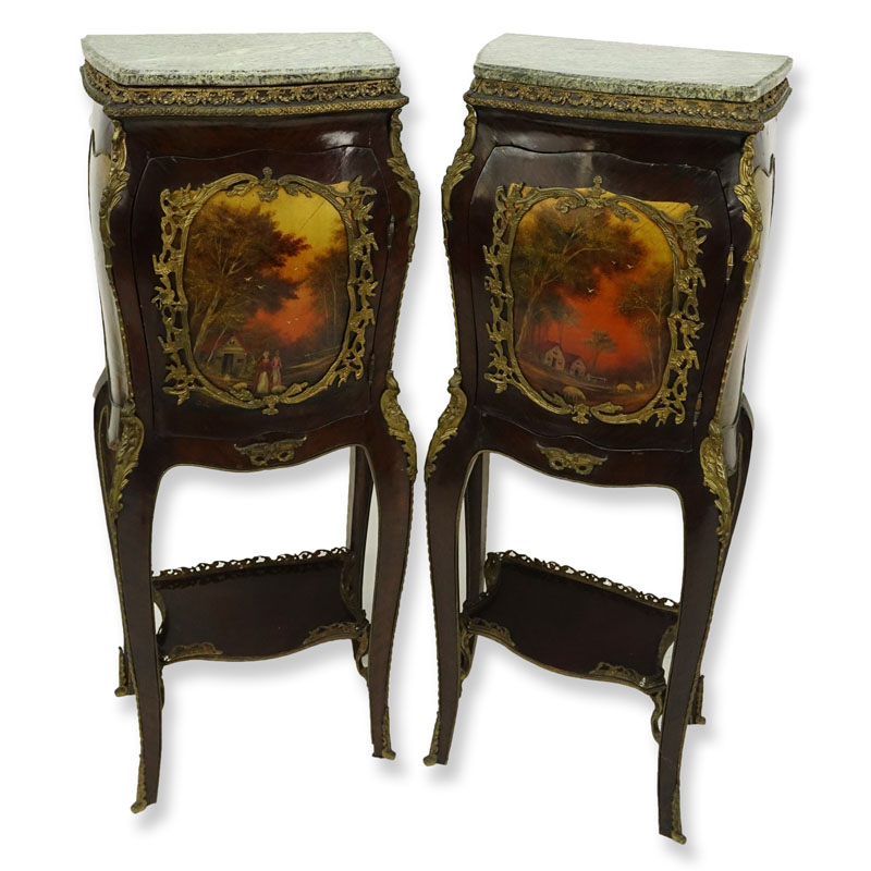 Pair of 20th Century Louis XV Style and Vernis Martin Style Ormolu Mounted Green Marble Top Cabinets. fitted door at the center, standing on cabriole legs with shelf stretcher, outdoor scene to front and flanked at the sides.