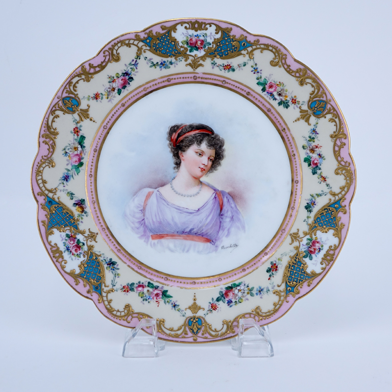 19/20th Century Sevres Portrait Plate. Painted with a bust-length portrait of young woman.