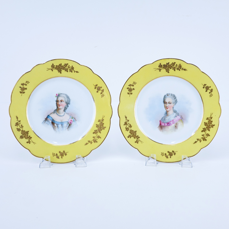 Pair of 19th Century Sevres Porcelain Chateau de Tuileries Hand painted Cabinet Plates. Features Portraits of Madame Dubarry and another of the Comtesse D'Artois.