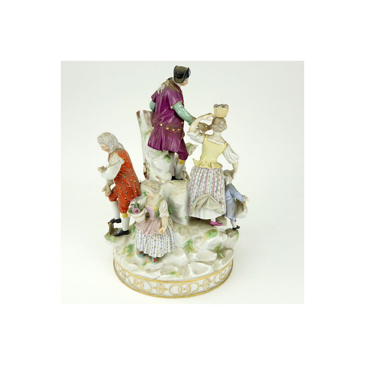 19th Century Meissen Hand Painted Porcelain Figural Group. Blue crossed sword mark to base.