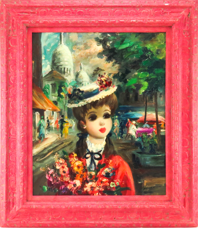 Mid Century Vintage Jean Calogero Style Oil On Canvas "French Girl With Hat" Signed lower right. Craquelure or in good condition.